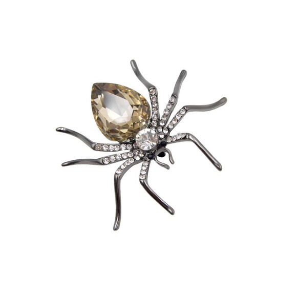 Champagne Crystal Spider Pin Brooch Amber Rhodium Plated Brass 2" Gothic Emo‎ - Picture 1 of 7